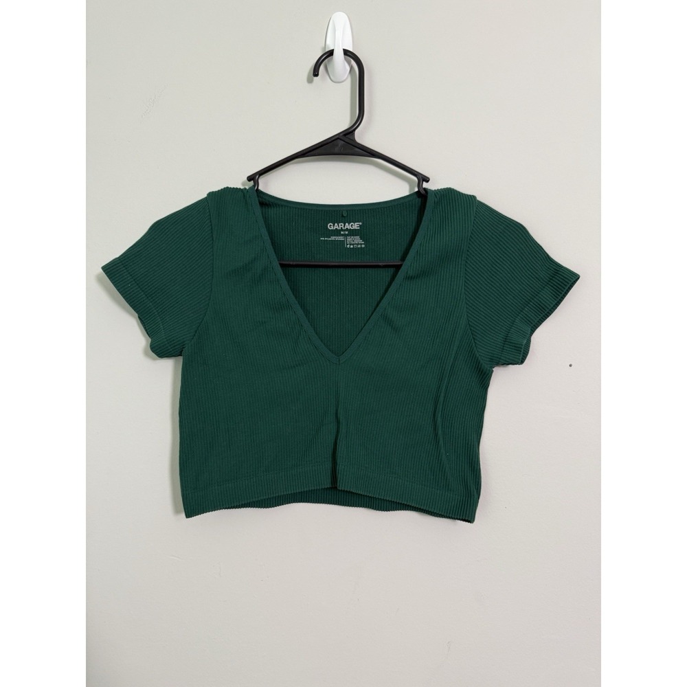 Garage Green Sz M Ribbed Short Sleeve Crop Top Soft Comfort Gym Night‎ Out